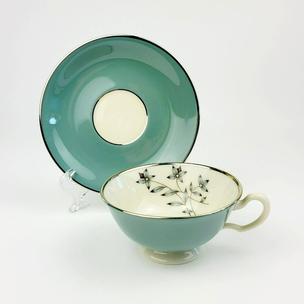 Lenox Kingsley Teacup & Saucer Teal Band Platinum Trim Floral Center c1954-79